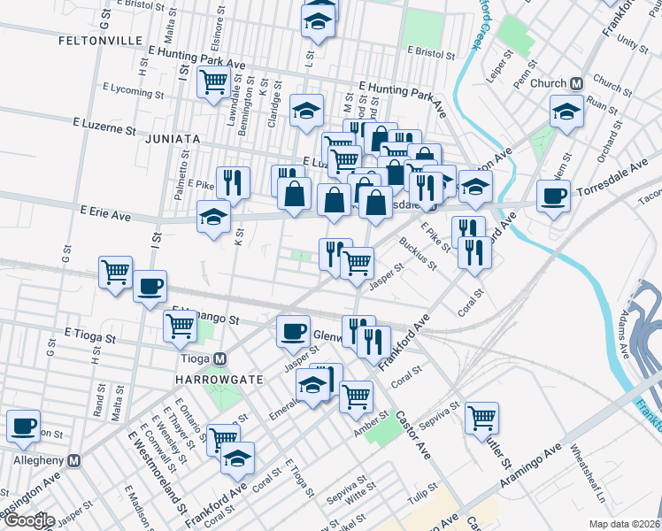 map of restaurants, bars, coffee shops, grocery stores, and more near 3741 Kensington Avenue in Philadelphia