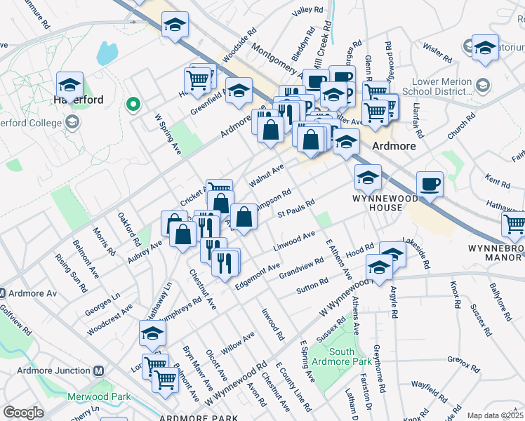 map of restaurants, bars, coffee shops, grocery stores, and more near 135 Simpson Road in Ardmore
