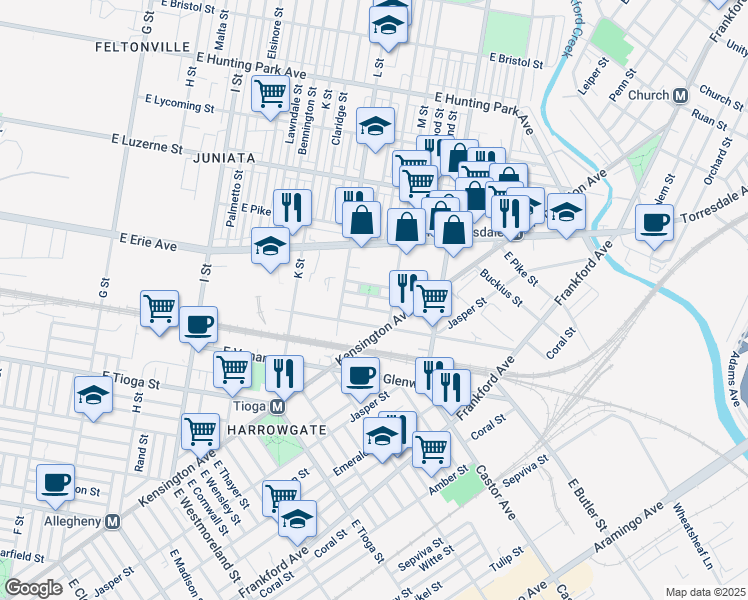 map of restaurants, bars, coffee shops, grocery stores, and more near 1338 Steinber Street in Philadelphia