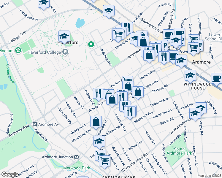 map of restaurants, bars, coffee shops, grocery stores, and more near 3 East County Line Road in Ardmore
