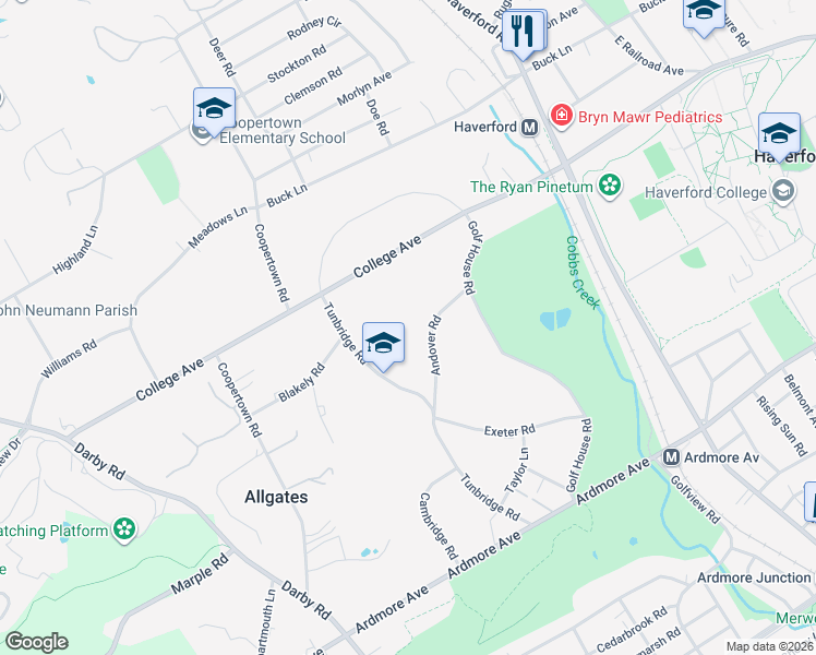 map of restaurants, bars, coffee shops, grocery stores, and more near 5 Andover Road in Haverford