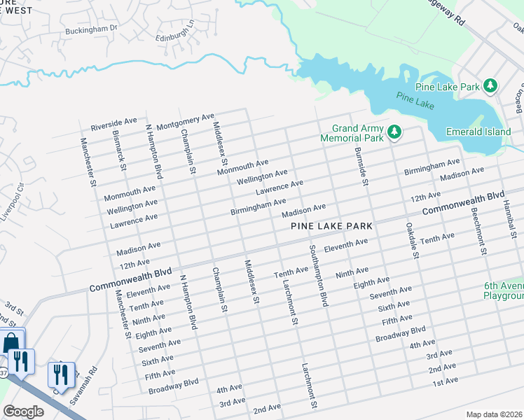 map of restaurants, bars, coffee shops, grocery stores, and more near 1032 Birmingham Avenue in Toms River