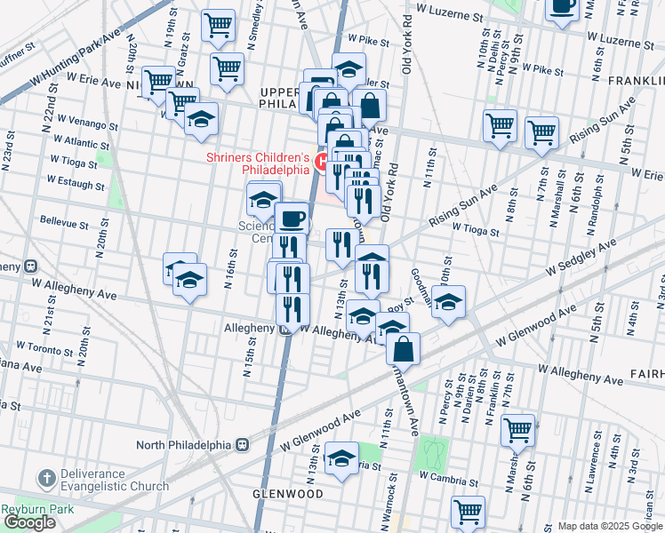 map of restaurants, bars, coffee shops, grocery stores, and more near 3325 North Park Avenue in Philadelphia