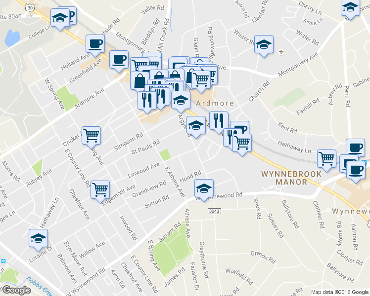 map of restaurants, bars, coffee shops, grocery stores, and more near 34 Linwood Avenue in Ardmore