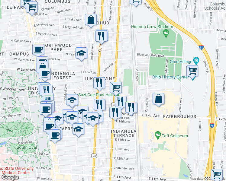 map of restaurants, bars, coffee shops, grocery stores, and more near 1979 North 4th Street in Columbus