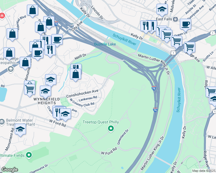 map of restaurants, bars, coffee shops, grocery stores, and more near 3600 Conshohocken Avenue in Philadelphia