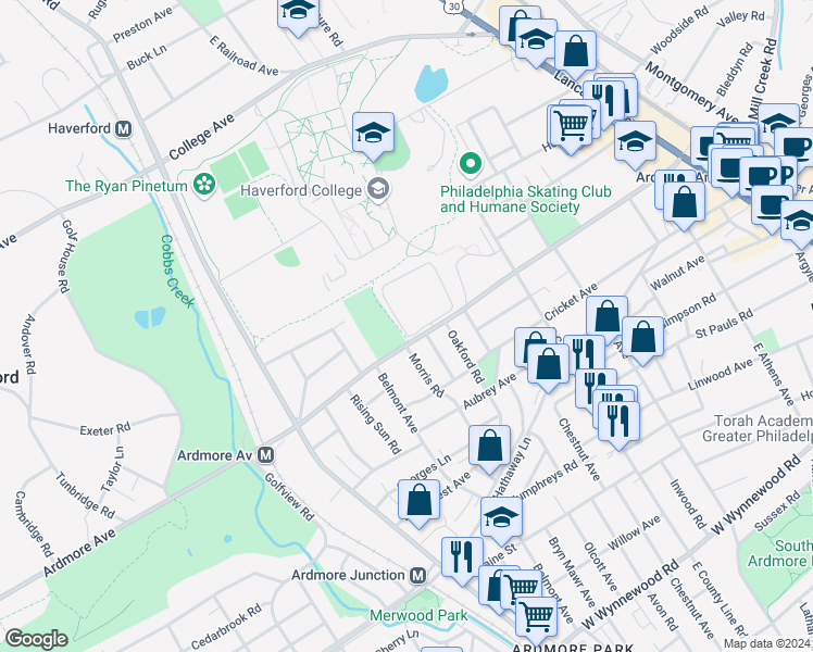 map of restaurants, bars, coffee shops, grocery stores, and more near 124 Village Chatham in Ardmore