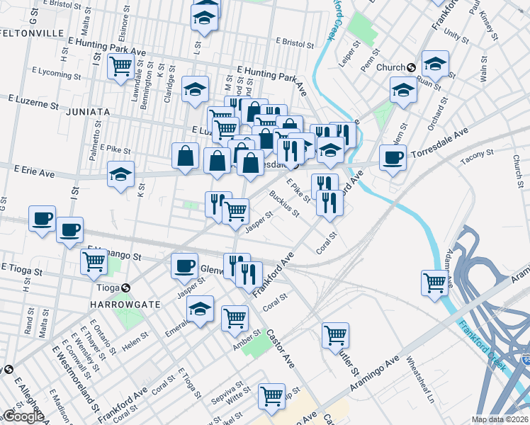 map of restaurants, bars, coffee shops, grocery stores, and more near 3801 Jasper Street in Philadelphia