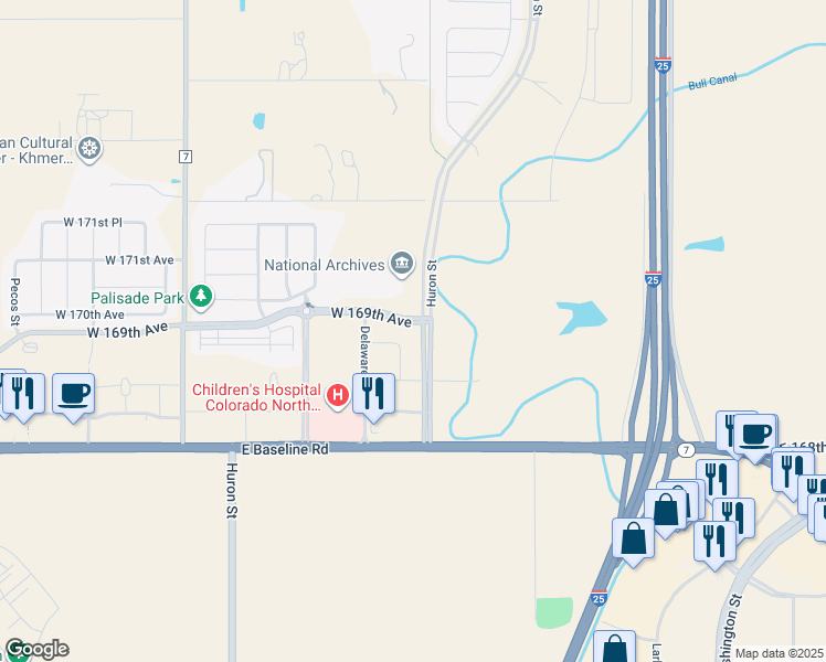 map of restaurants, bars, coffee shops, grocery stores, and more near 16815 Huron Street in Broomfield