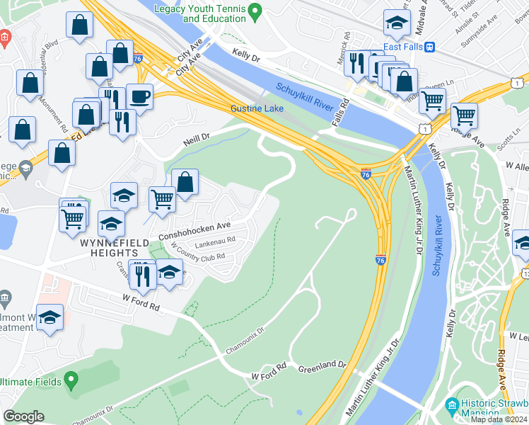 map of restaurants, bars, coffee shops, grocery stores, and more near 2765 East Country Club Road in Philadelphia