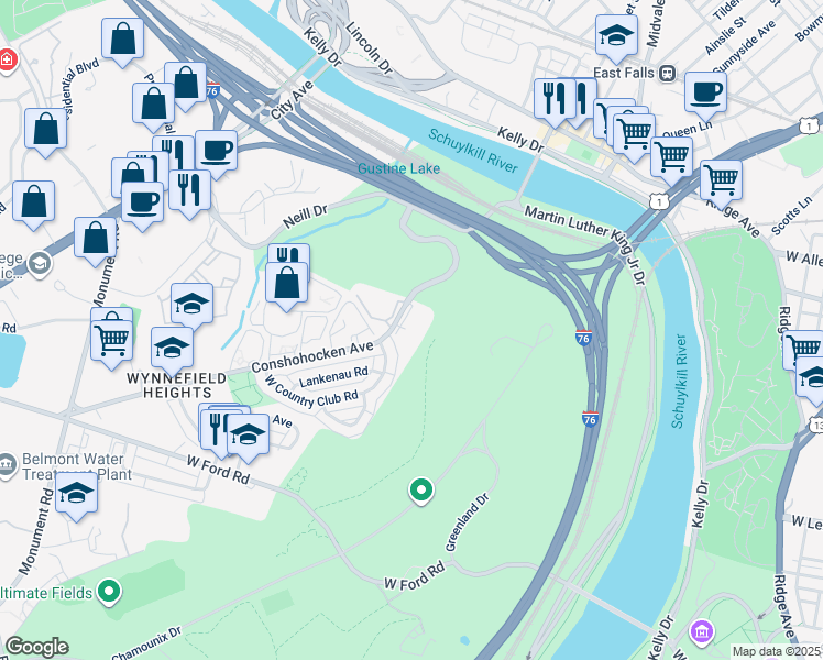map of restaurants, bars, coffee shops, grocery stores, and more near 3600 Conshohocken Avenue in Philadelphia