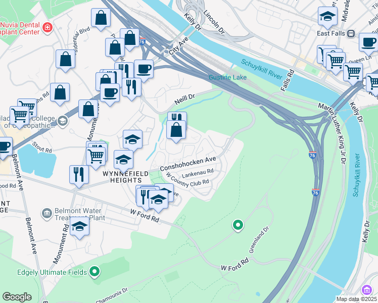 map of restaurants, bars, coffee shops, grocery stores, and more near 3801 Conshohocken Avenue in Philadelphia