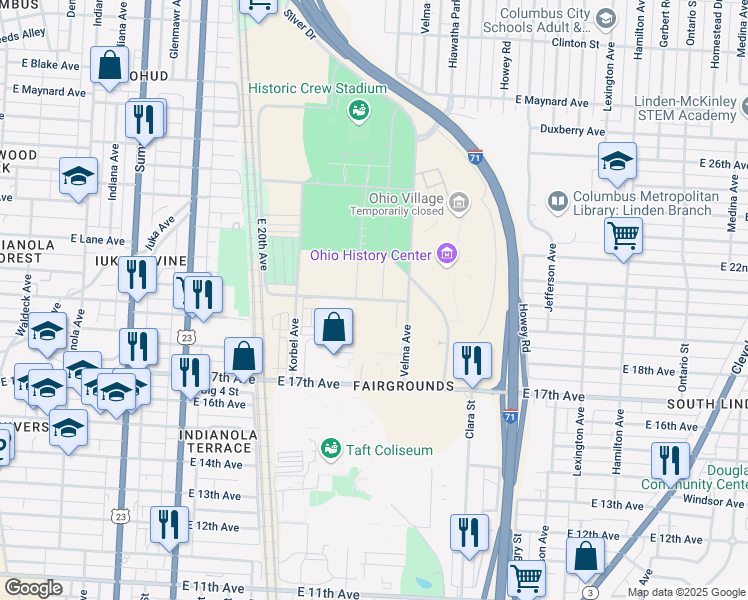 map of restaurants, bars, coffee shops, grocery stores, and more near 658 East 20th Avenue in Columbus