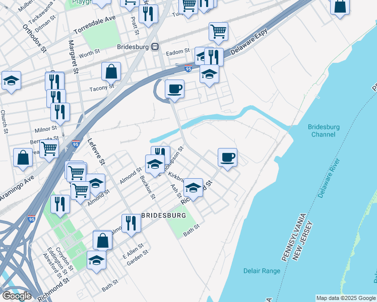 map of restaurants, bars, coffee shops, grocery stores, and more near 2709 Pratt Street in Philadelphia