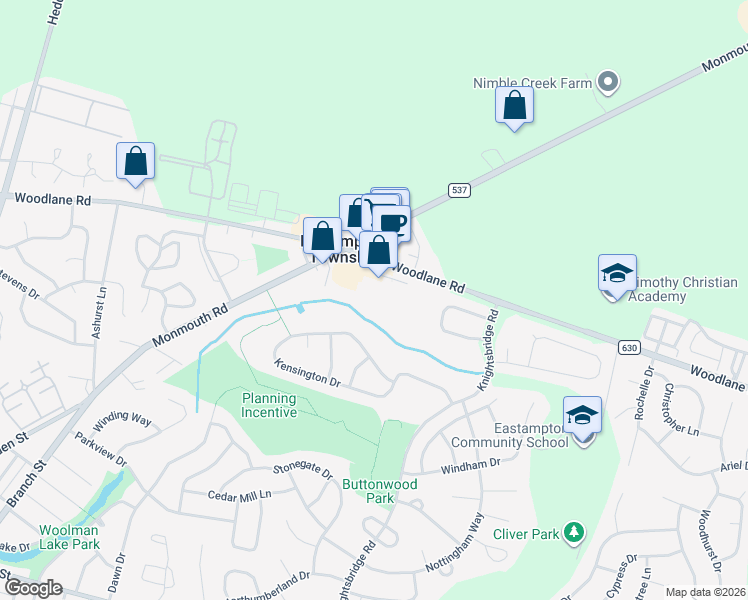 map of restaurants, bars, coffee shops, grocery stores, and more near 1310 Woodlane Road in Mount Holly