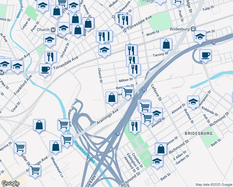 map of restaurants, bars, coffee shops, grocery stores, and more near 4336 Sepviva Street in Philadelphia