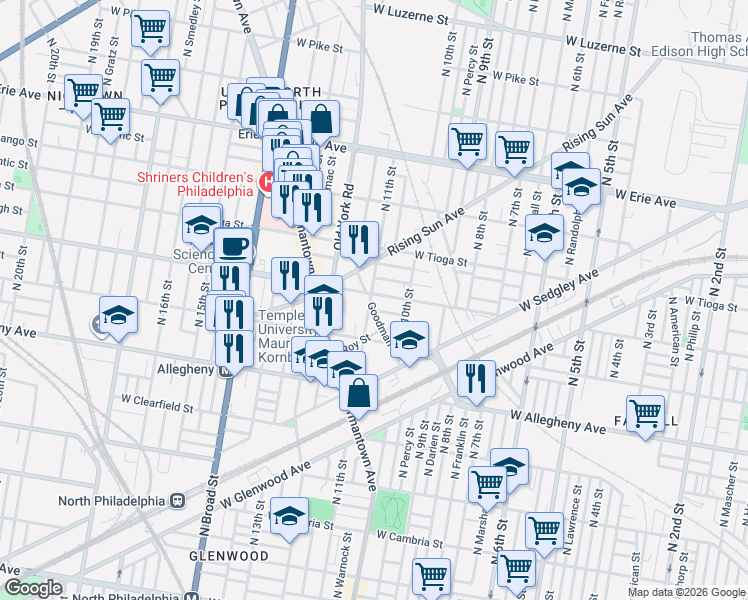 map of restaurants, bars, coffee shops, grocery stores, and more near 3341 North 11th Street in Philadelphia