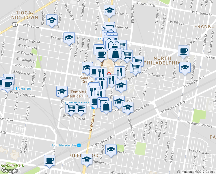 map of restaurants, bars, coffee shops, grocery stores, and more near 1329 Rising Sun Avenue in Philadelphia