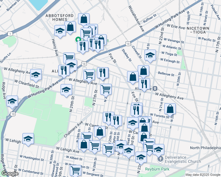 map of restaurants, bars, coffee shops, grocery stores, and more near 3141 North 26th Street in Philadelphia