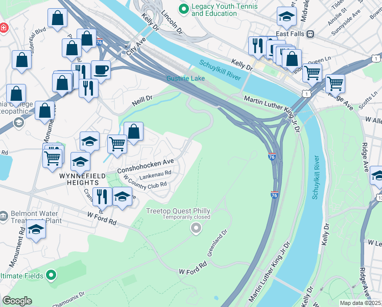map of restaurants, bars, coffee shops, grocery stores, and more near 2765 East Country Club Road in Philadelphia