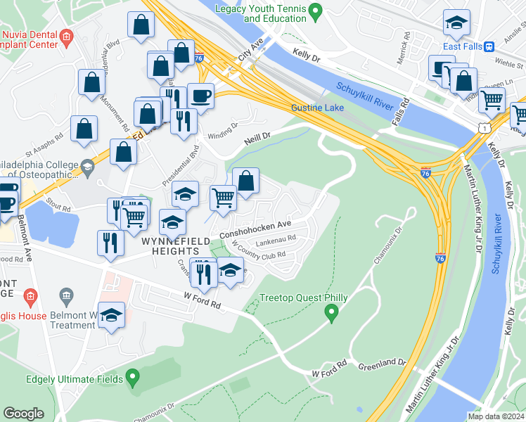 map of restaurants, bars, coffee shops, grocery stores, and more near 3801 Conshohocken Avenue in Philadelphia
