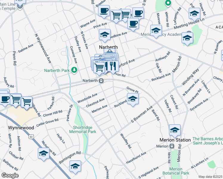 map of restaurants, bars, coffee shops, grocery stores, and more near 205 South Narberth Avenue in Narberth