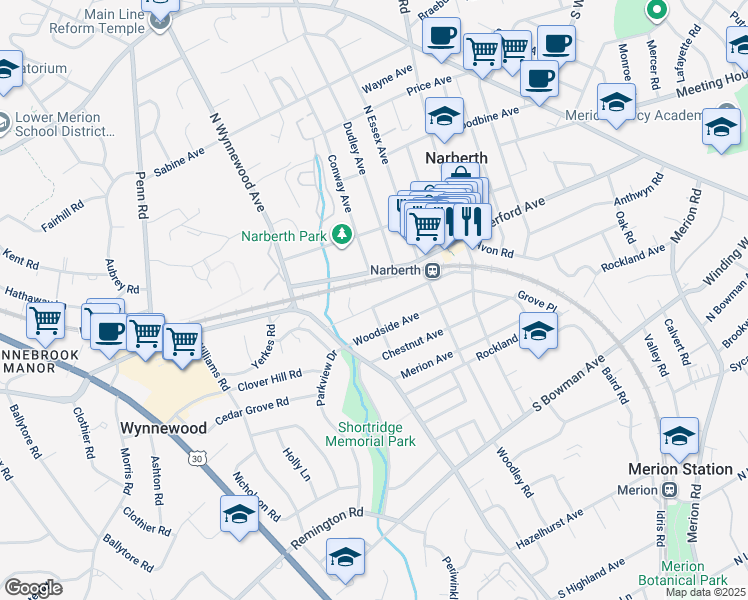 map of restaurants, bars, coffee shops, grocery stores, and more near 100 Elmwood Avenue in Narberth