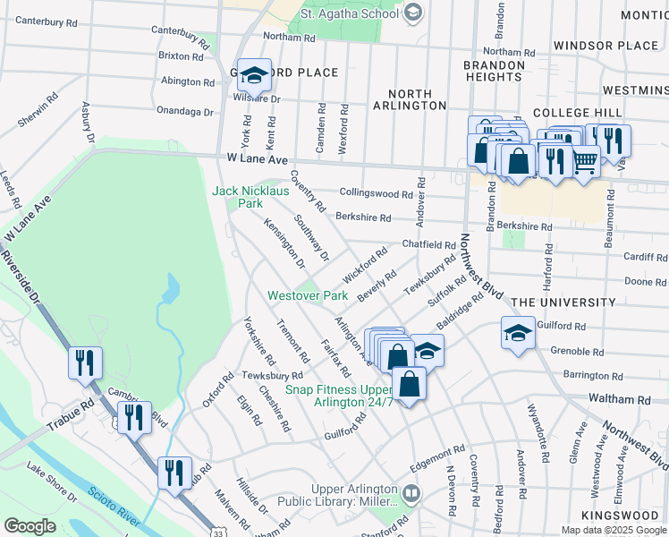 map of restaurants, bars, coffee shops, grocery stores, and more near 2032 Wickford Road in Upper Arlington