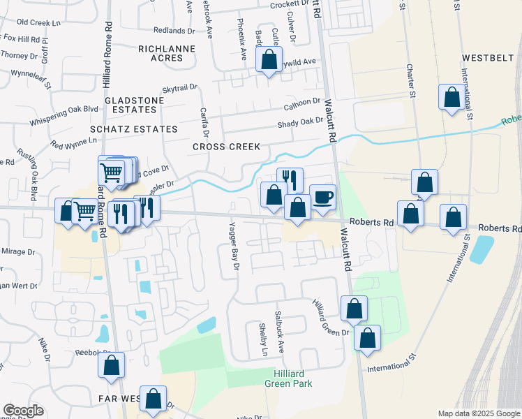 map of restaurants, bars, coffee shops, grocery stores, and more near 2505 Roberts Court in Hilliard