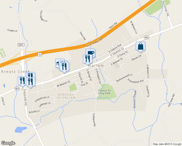 map of restaurants, bars, coffee shops, grocery stores, and more near 95 South Broad Street in Hallam
