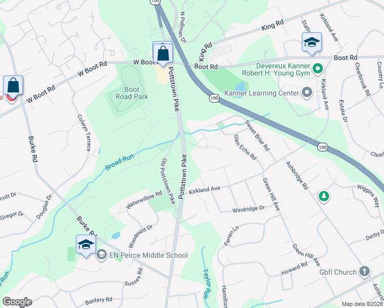 map of restaurants, bars, coffee shops, grocery stores, and more near 1353 Pottstown Pike in West Chester