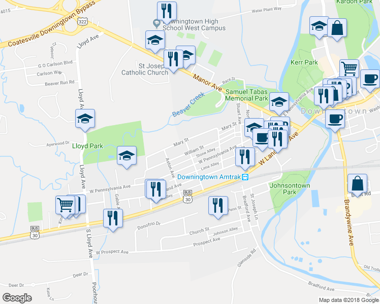 map of restaurants, bars, coffee shops, grocery stores, and more near 398 William Street in Downingtown