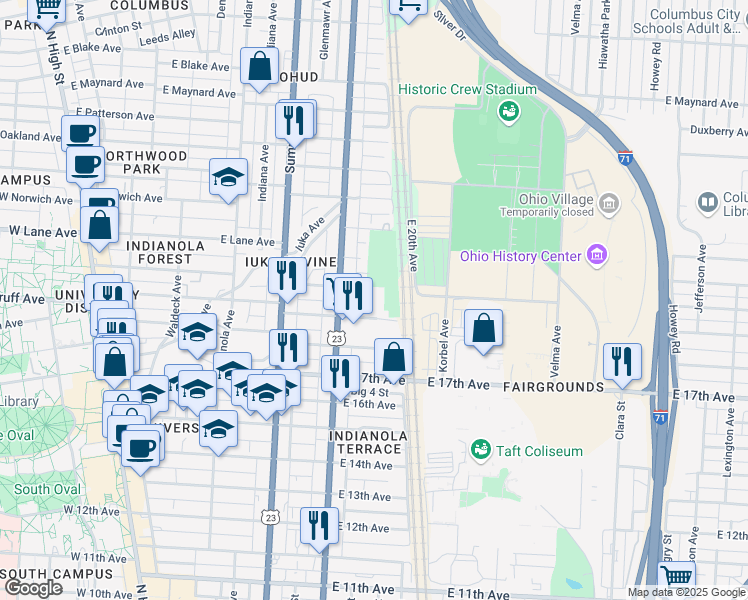 map of restaurants, bars, coffee shops, grocery stores, and more near 420 East 19th Avenue in Columbus