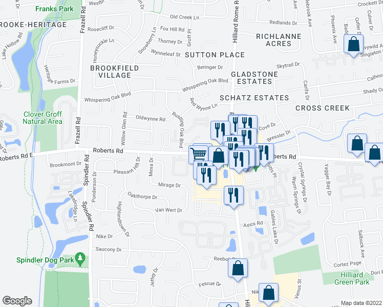 map of restaurants, bars, coffee shops, grocery stores, and more near Roberts Rd & Hickory Mill Dr in Columbus