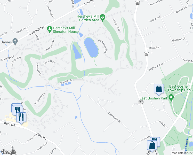map of restaurants, bars, coffee shops, grocery stores, and more near 1251 Oakmont Lane in West Chester