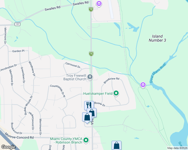 map of restaurants, bars, coffee shops, grocery stores, and more near 2485 South Co Road 25A in Troy