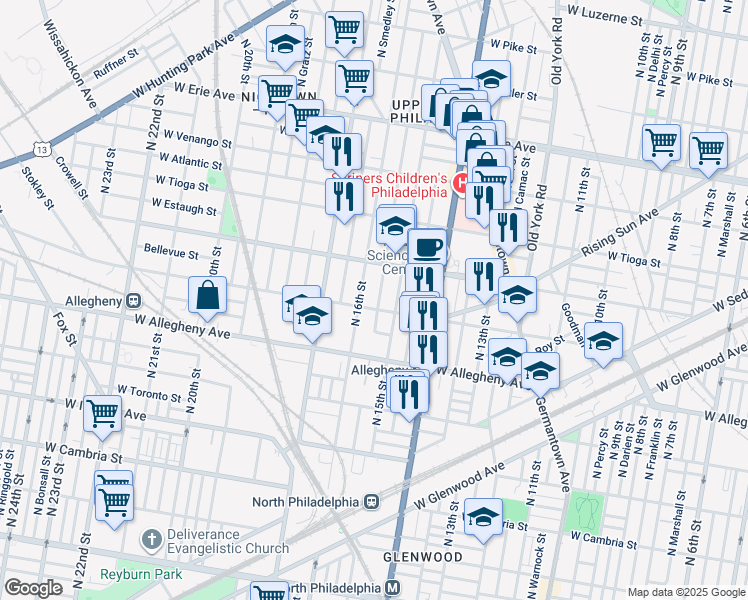 map of restaurants, bars, coffee shops, grocery stores, and more near 3300 North 15th Street in Philadelphia