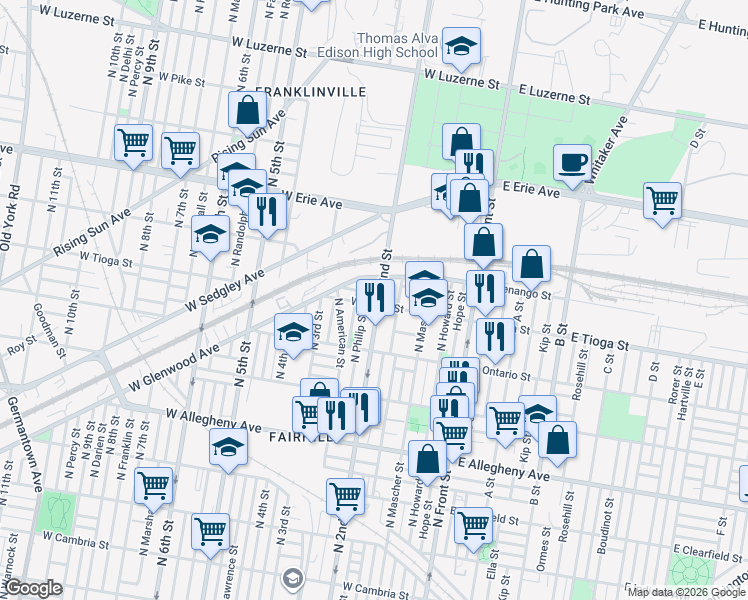 map of restaurants, bars, coffee shops, grocery stores, and more near in Philadelphia