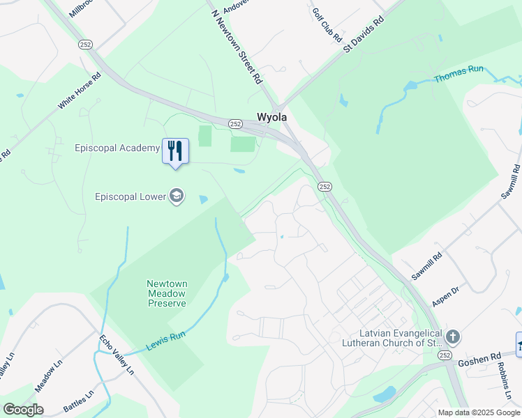 map of restaurants, bars, coffee shops, grocery stores, and more near 3851 Meadow View Farm Road in Newtown Square