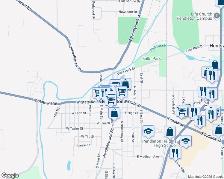 map of restaurants, bars, coffee shops, grocery stores, and more near 125 North Pendleton Avenue in Pendleton