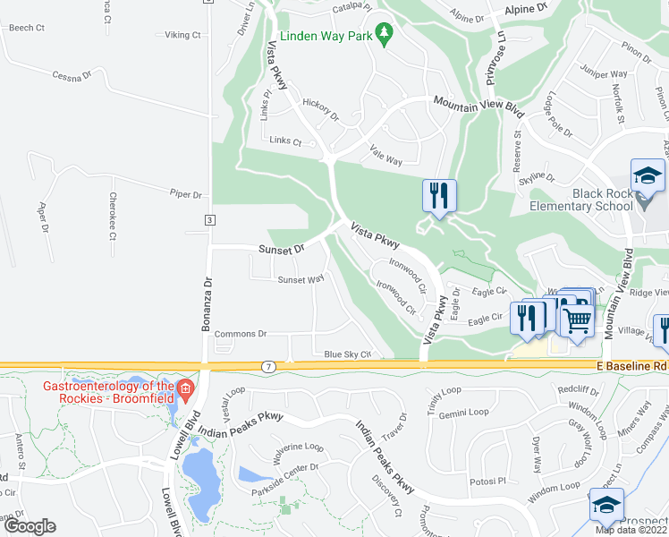 map of restaurants, bars, coffee shops, grocery stores, and more near 2800 Blue sky Circle in Erie