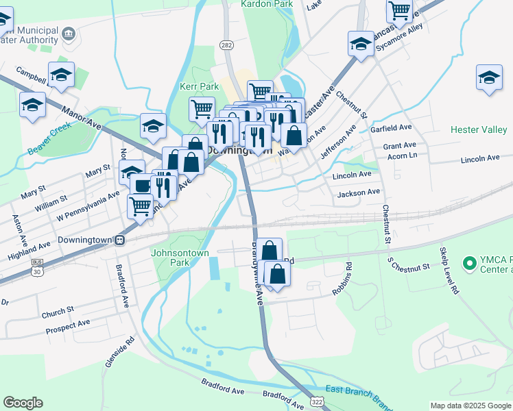 map of restaurants, bars, coffee shops, grocery stores, and more near 227 Brandywine Avenue in Downingtown