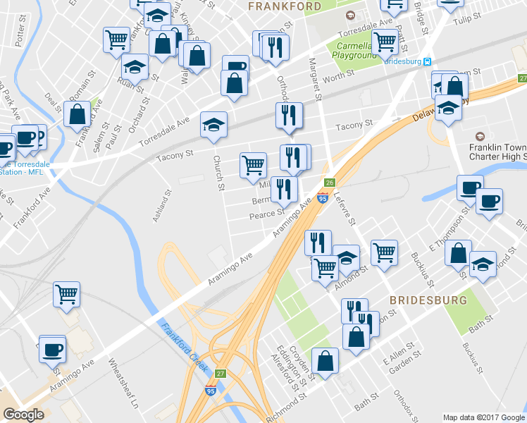 map of restaurants, bars, coffee shops, grocery stores, and more near 2419 Duncan Street in Philadelphia