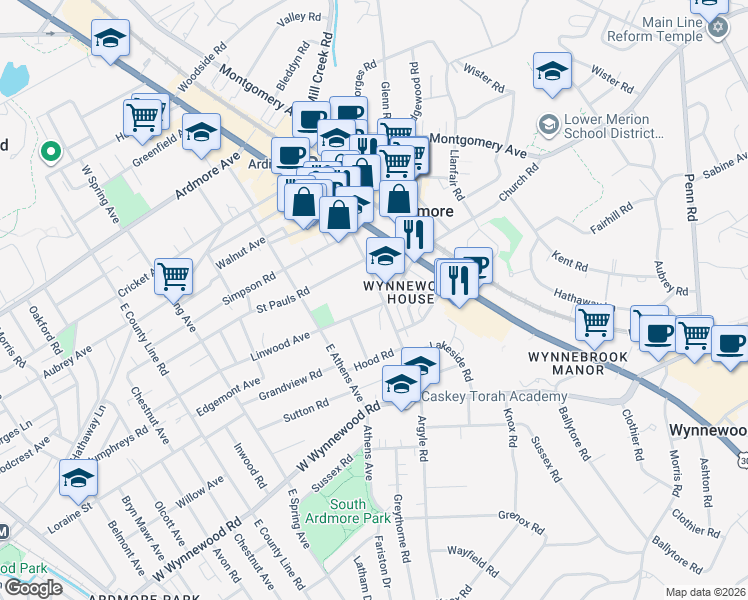 map of restaurants, bars, coffee shops, grocery stores, and more near 170 Argyle Road in Ardmore