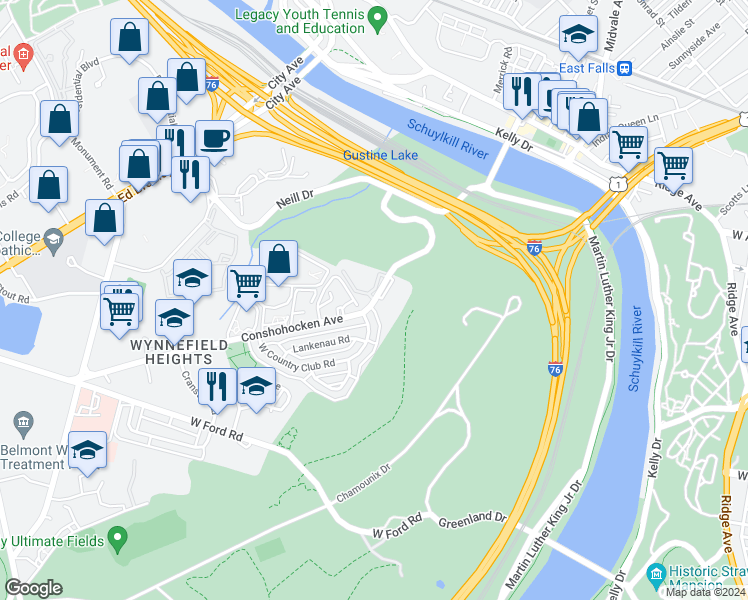 map of restaurants, bars, coffee shops, grocery stores, and more near 3598 Conshohocken Avenue in Philadelphia