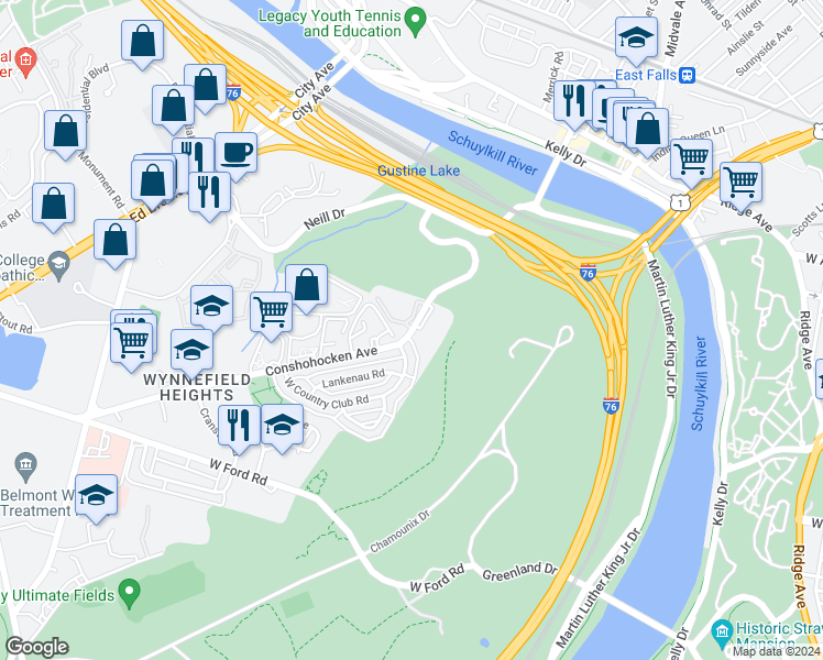 map of restaurants, bars, coffee shops, grocery stores, and more near 3596 Conshohocken Avenue in Philadelphia