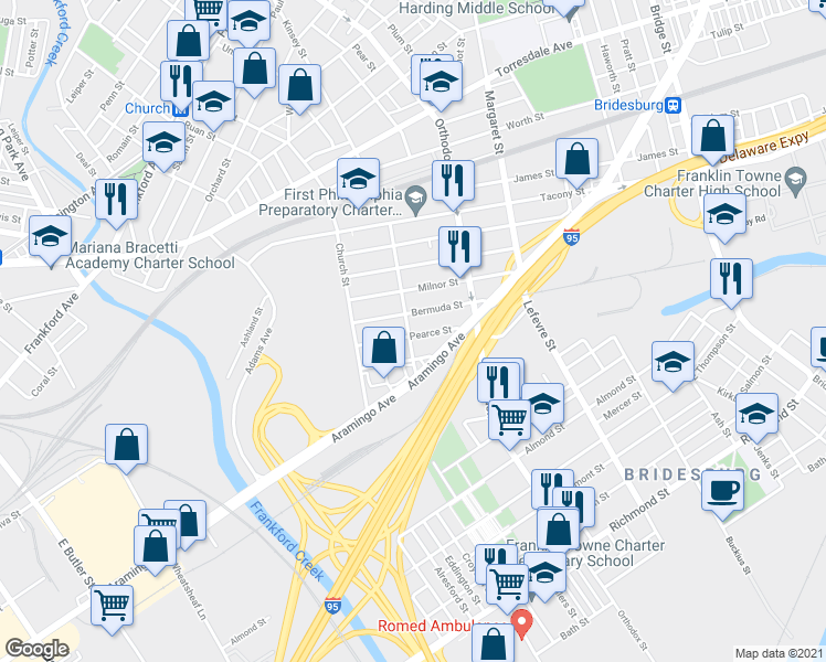 map of restaurants, bars, coffee shops, grocery stores, and more near 2419 Duncan Street in Philadelphia