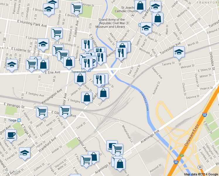 map of restaurants, bars, coffee shops, grocery stores, and more near 3931 Arcadia Street in Philadelphia