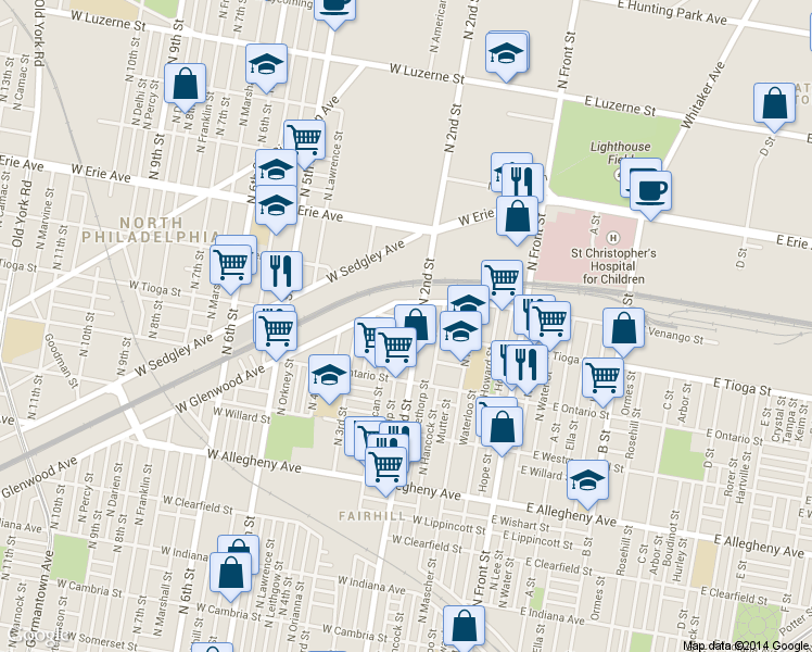 map of restaurants, bars, coffee shops, grocery stores, and more near 215 West Tioga Street in Philadelphia
