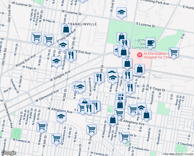 map of restaurants, bars, coffee shops, grocery stores, and more near 215 West Tioga Street in Philadelphia